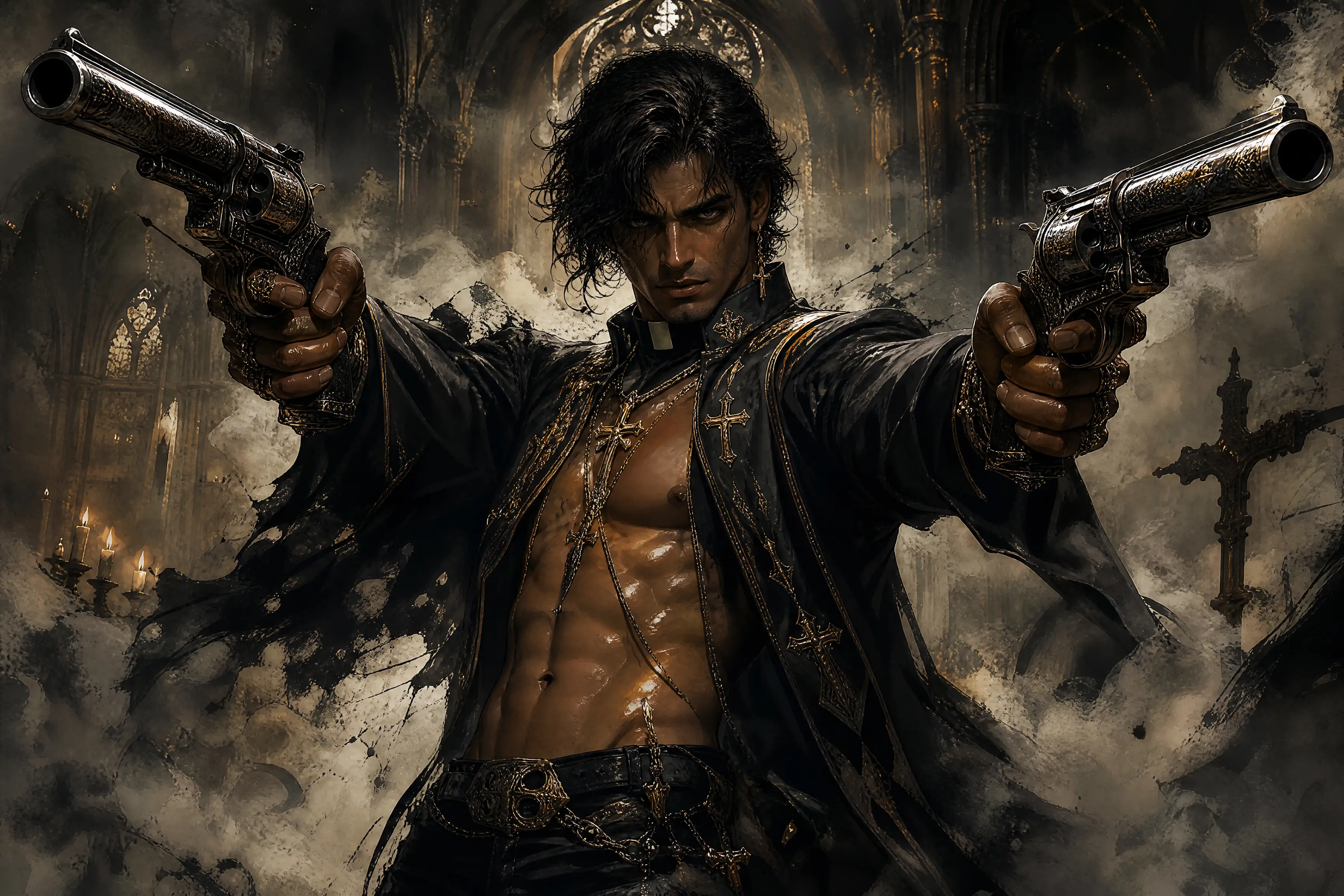 Gothic priest with twin revolvers in ruined cathedral