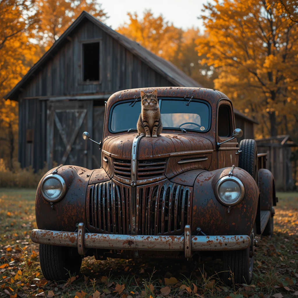 Rusty vintage pickup truck with tabby cat at sunset