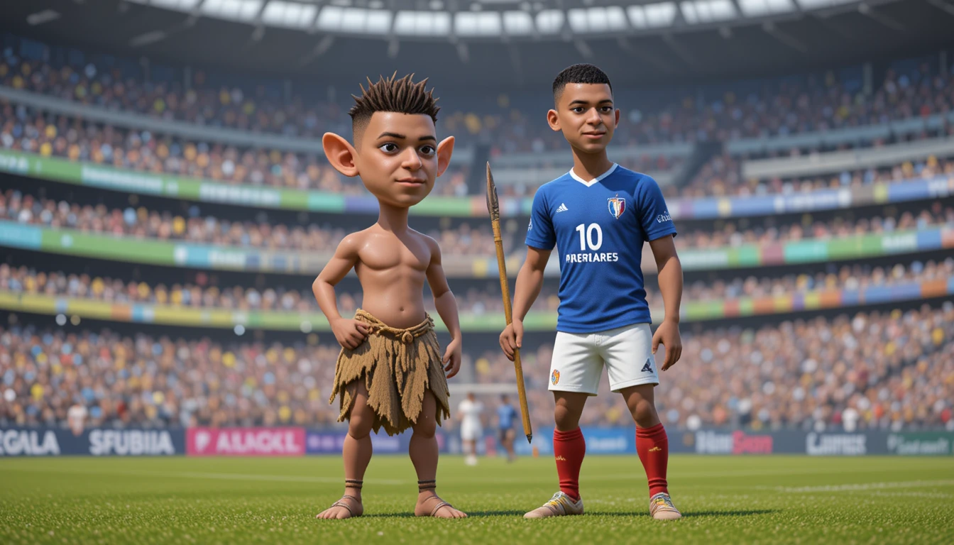 Soccer star with prehistoric boy on bright stadium field