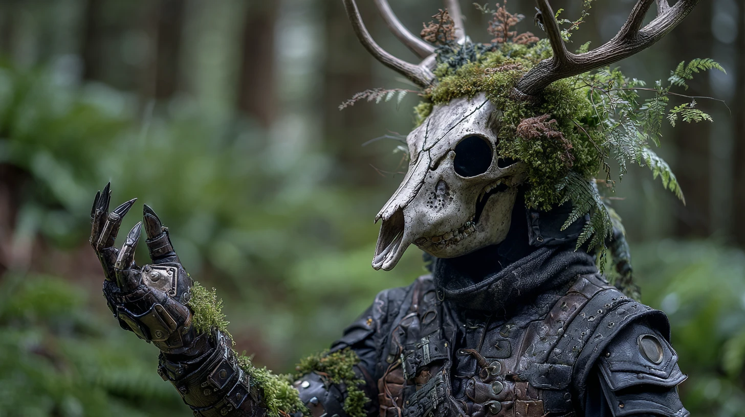 Armored forest creature with deer skull mask and moss hair