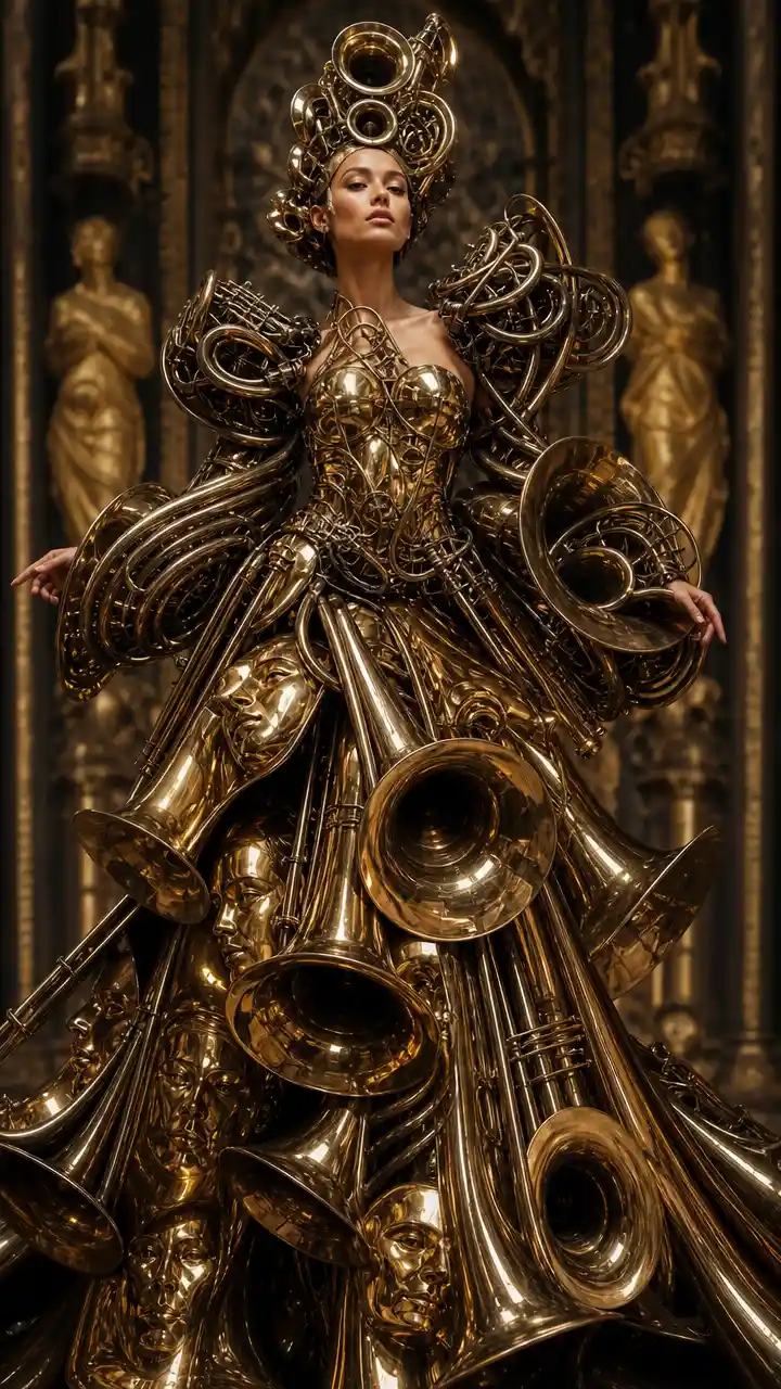Surreal couture gown sculpted from brass musical instruments