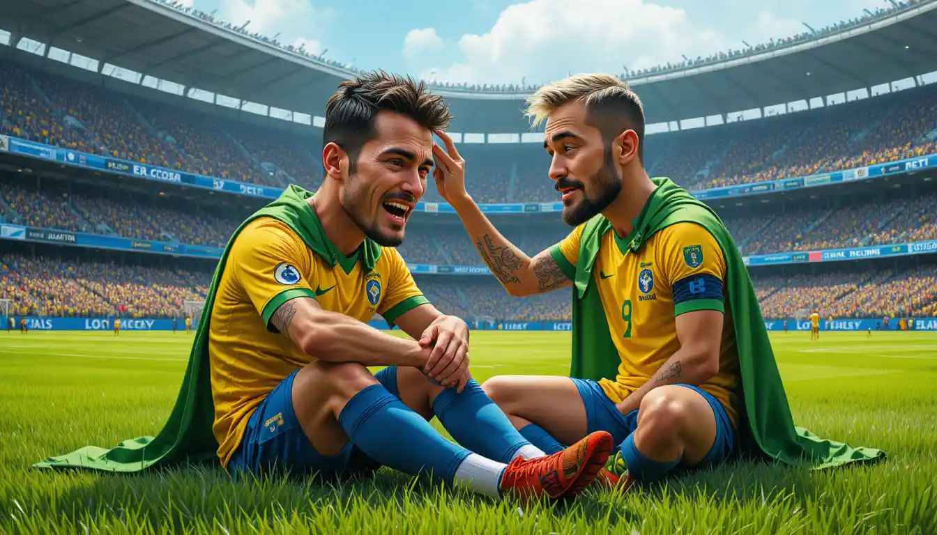 Crying Brazilian footballer comforted by teammate on field