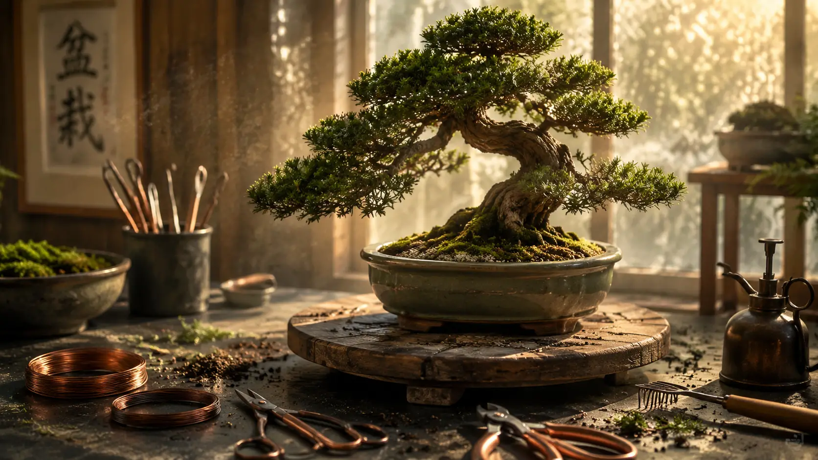 Serene bonsai care scene in warm sunlight