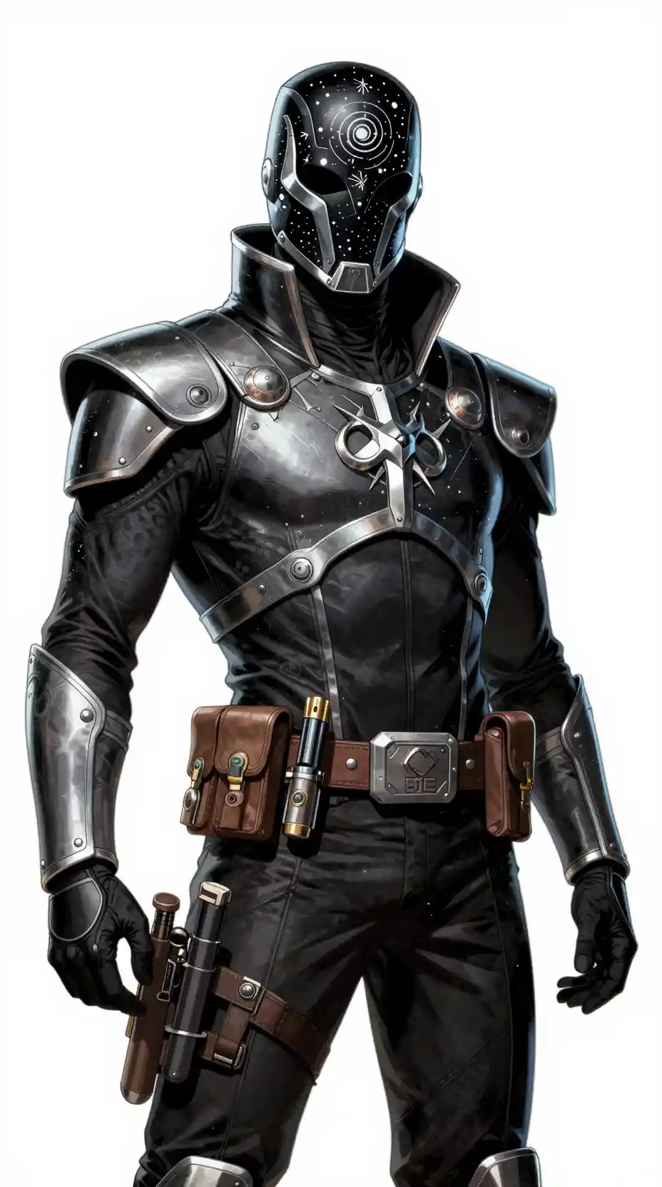 Masked space warlord in black and silver armor