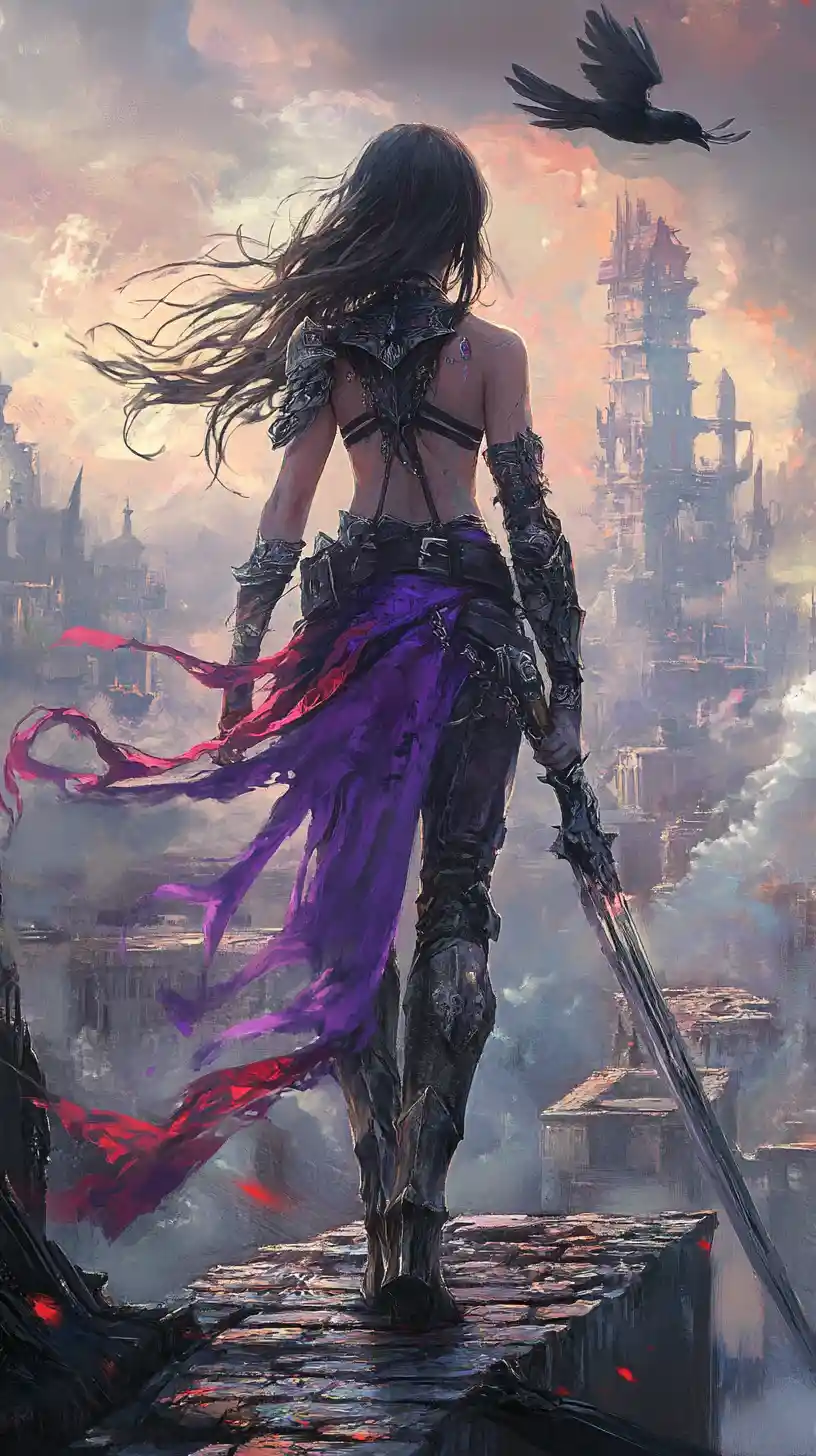 Anime-Mädchen überquert eine Brücke zu einer zerstörten Fantasy-Burg