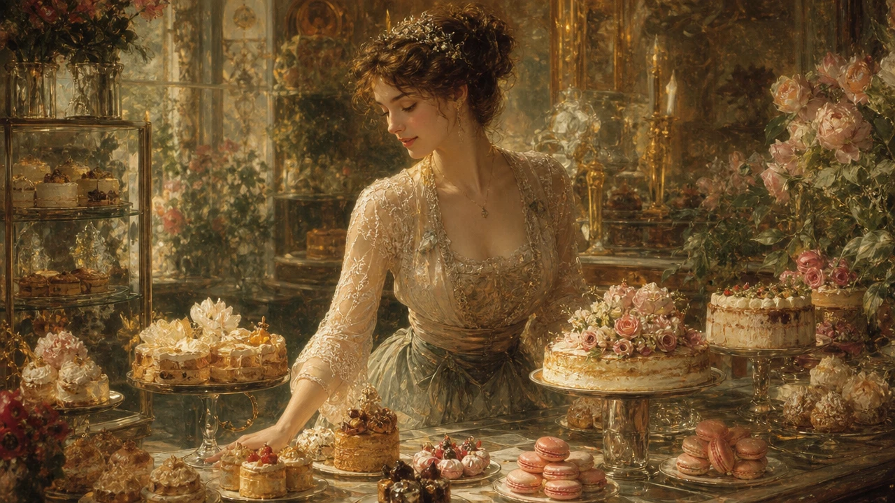 Cozy fine art scene of a pastry bakery with florist details