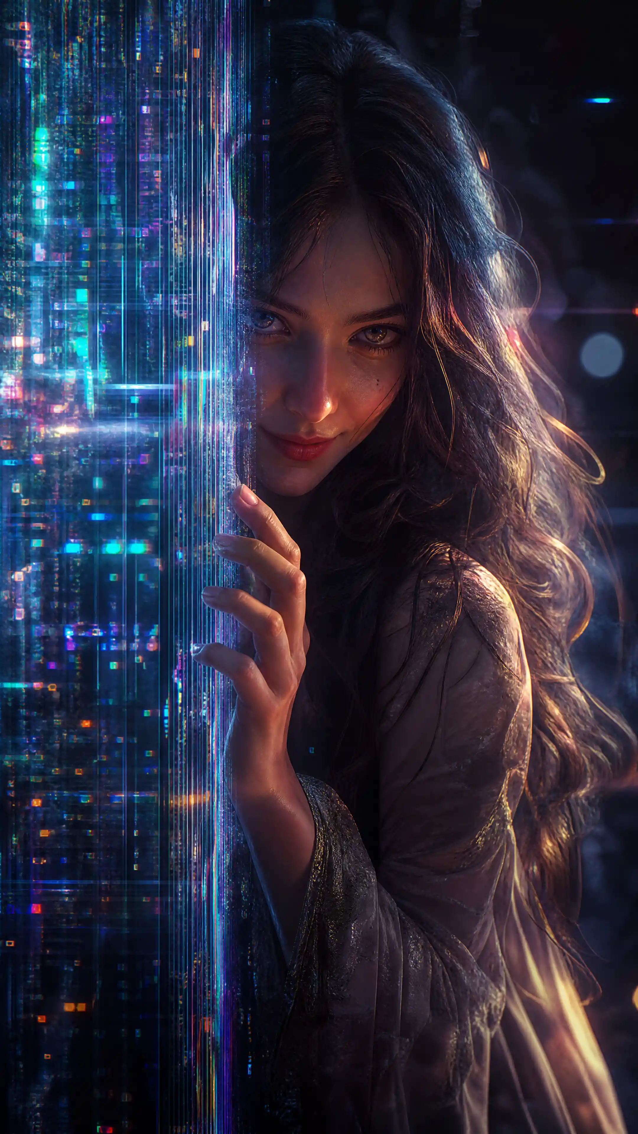 Mysterious woman peeking from a digital glitch curtain
