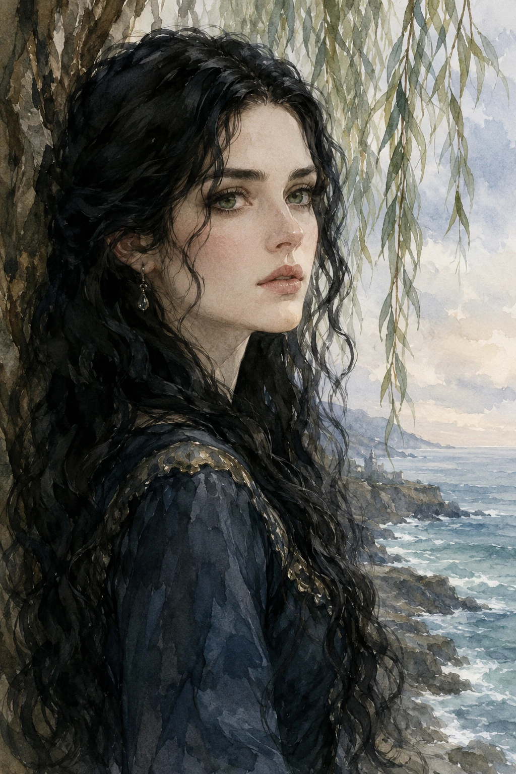 Watercolor portrait of a solemn woman by the sea