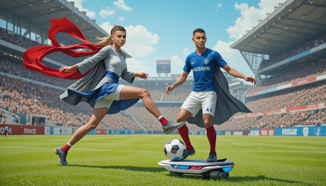 Soccer star and anime woman sharing a surreal field