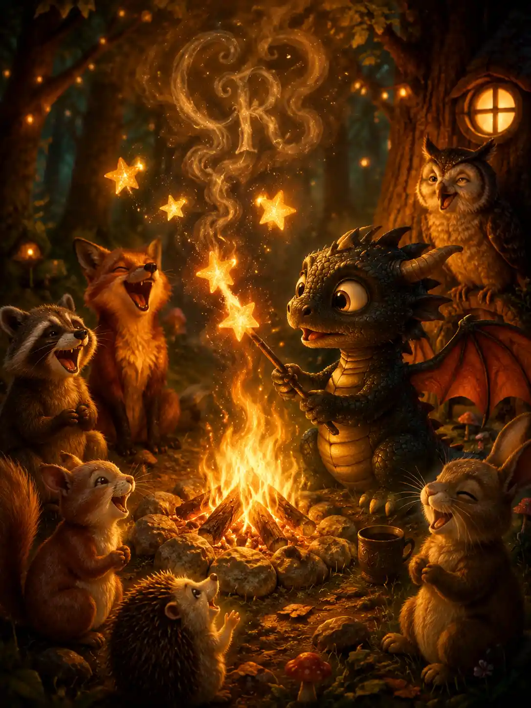 Baby dragon toasting stars around a woodland campfire