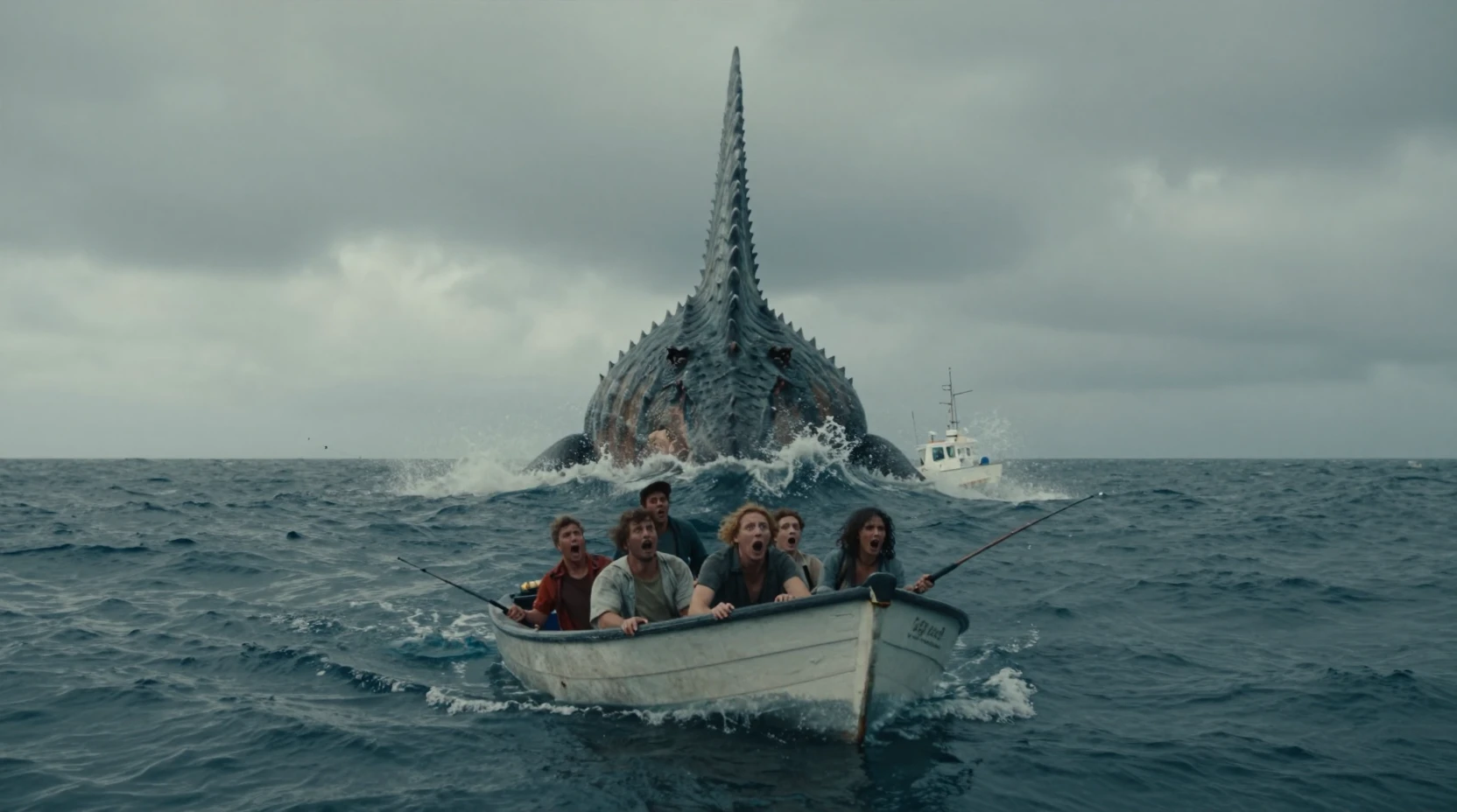 Giant dinosaur fin stalking a terrified fishing boat