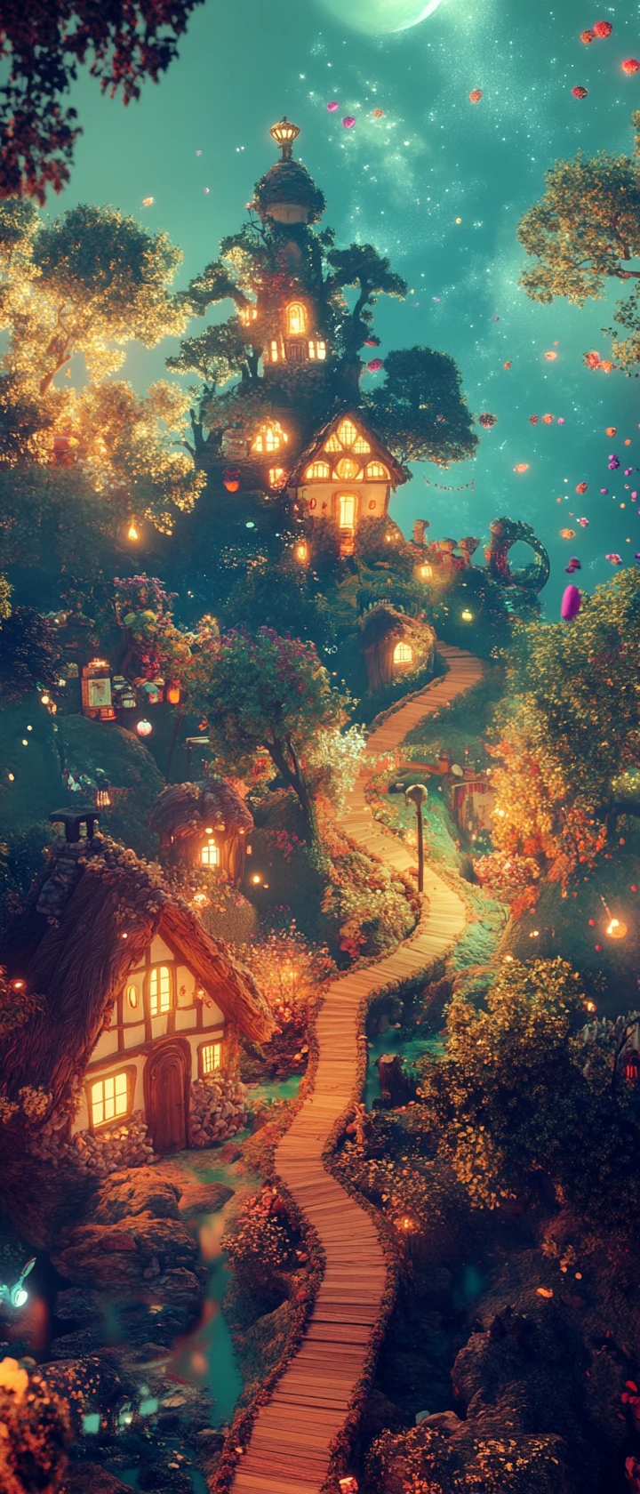 Bright surreal landscape with whimsical vibrant colors