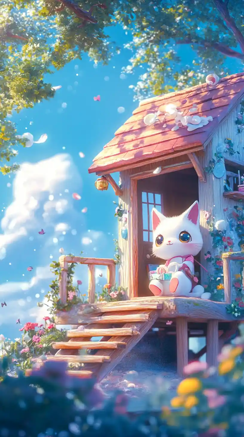 Whimsical childrens illustration in bright pastel anime style