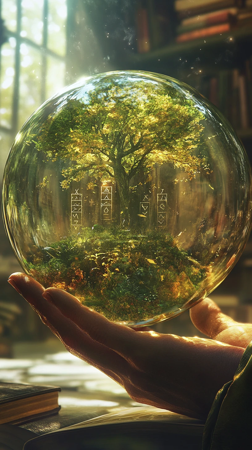 Wizard studying runes on a glowing forest sphere