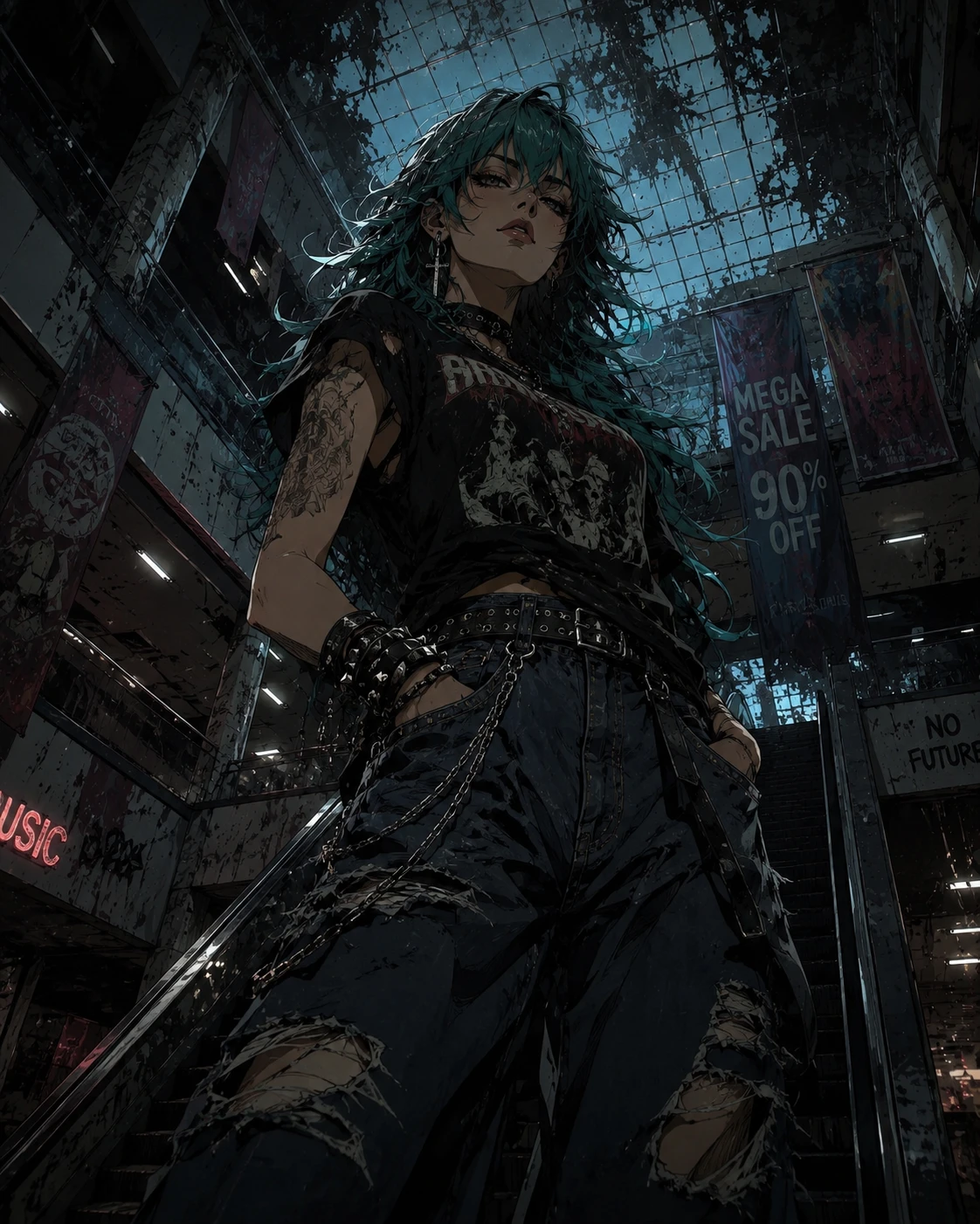Mujer punk de cabello verde azulado en un centro comercial abandonado