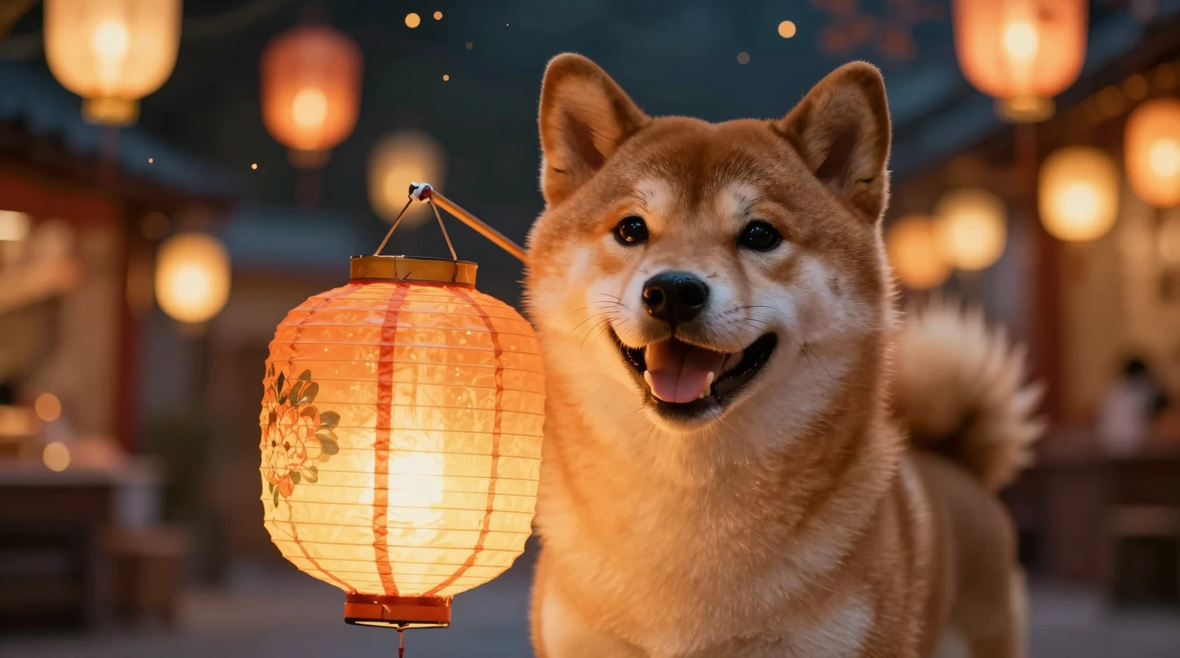 Joyful shiba inu with glowing lantern at night market