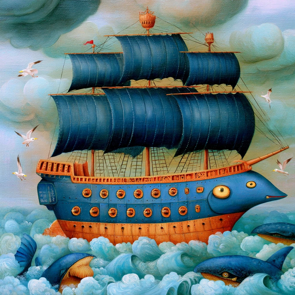Humorous Pirate Ship With Dark Sails In Stormy Ocean
