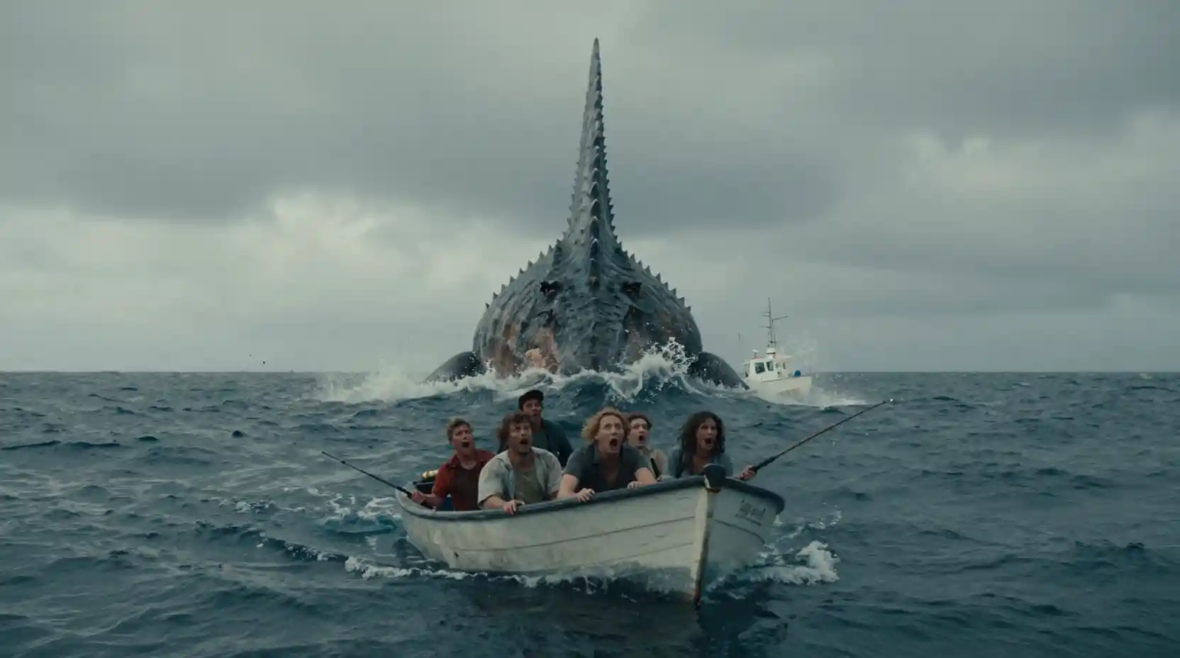 Giant dinosaur fin stalking a terrified fishing boat
