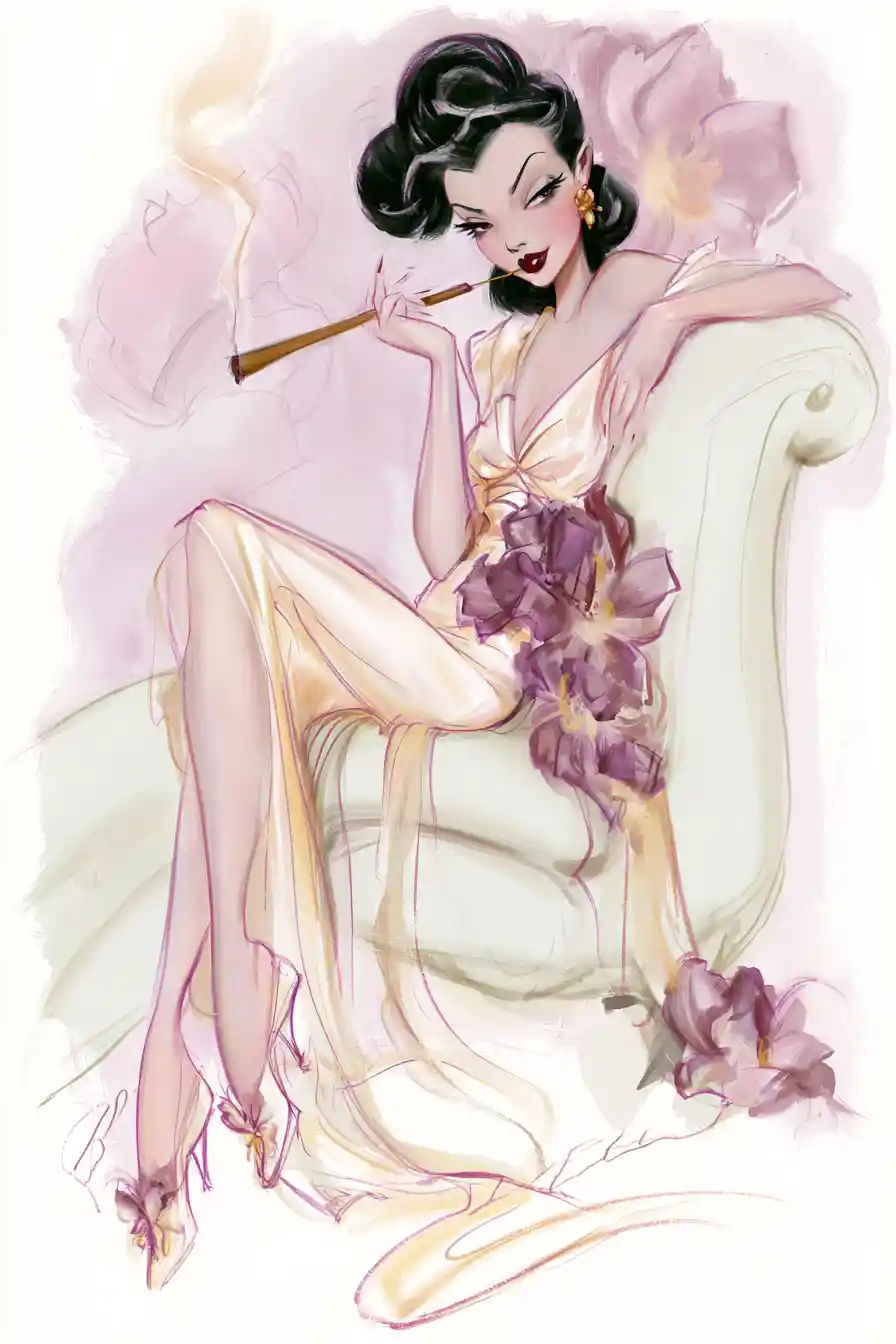 Elegant 1940s woman reclining on a floral chaise lounge