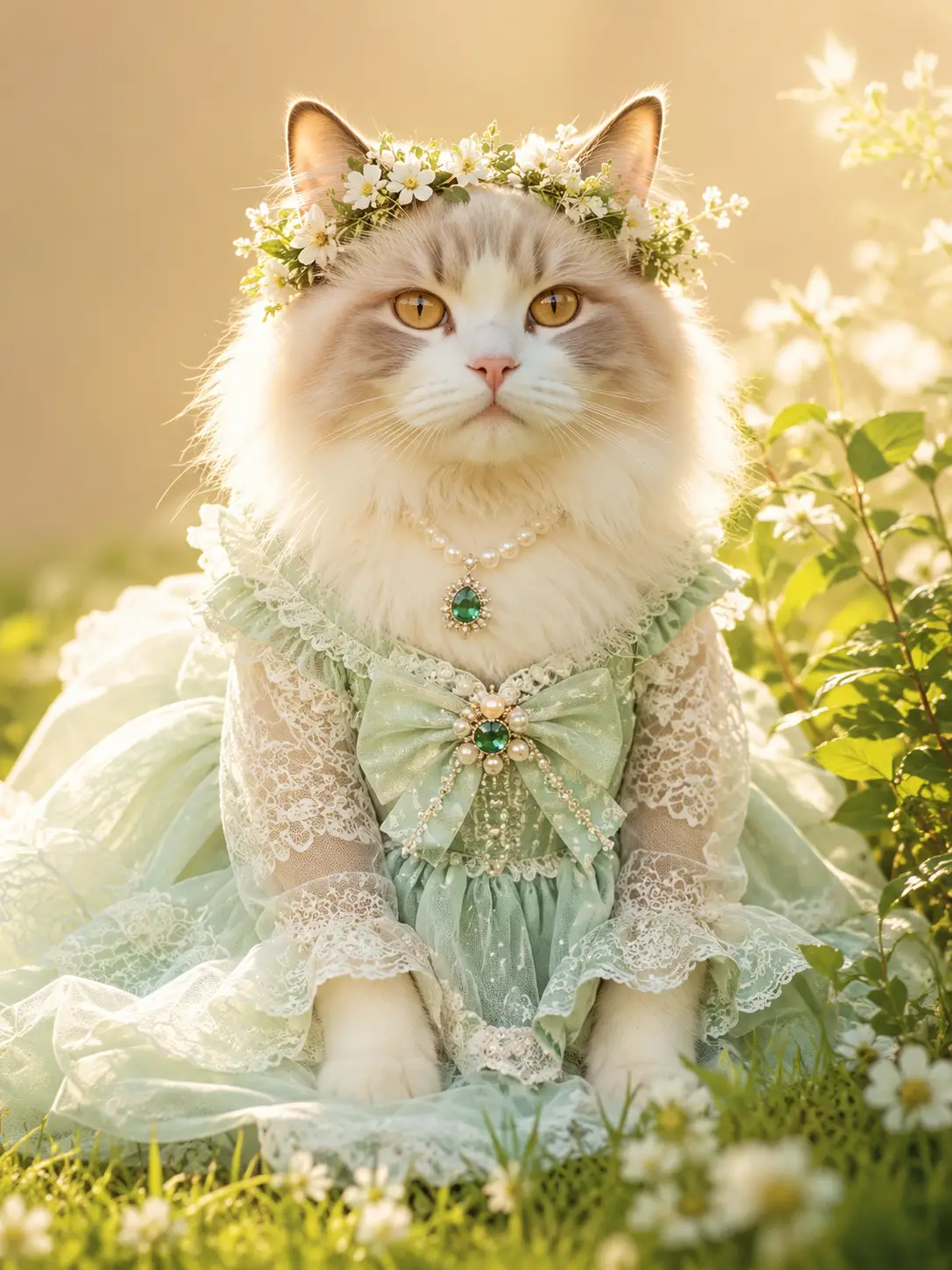 Regal ragdoll cat in mint princess dress in meadow