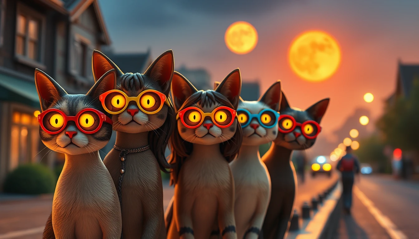 Six glowing eyed cats lurking in moonlit city alleys