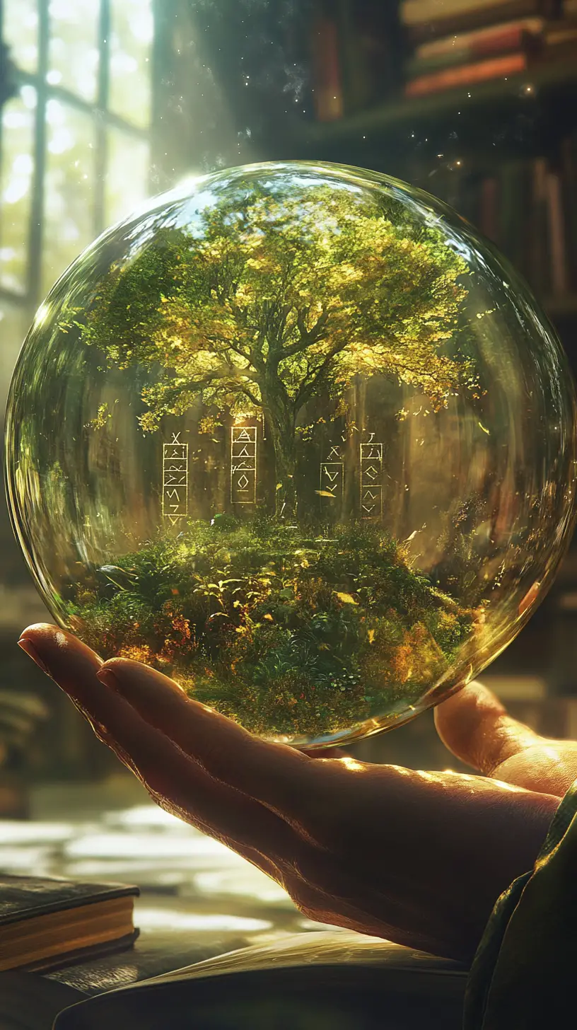 Mago estudiando runas en una esfera de bosque brillante