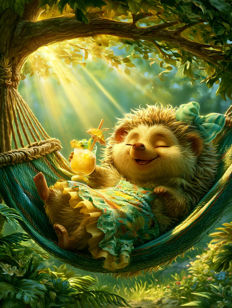 Cute hedgehog girl relaxing in a hammock with cocktail