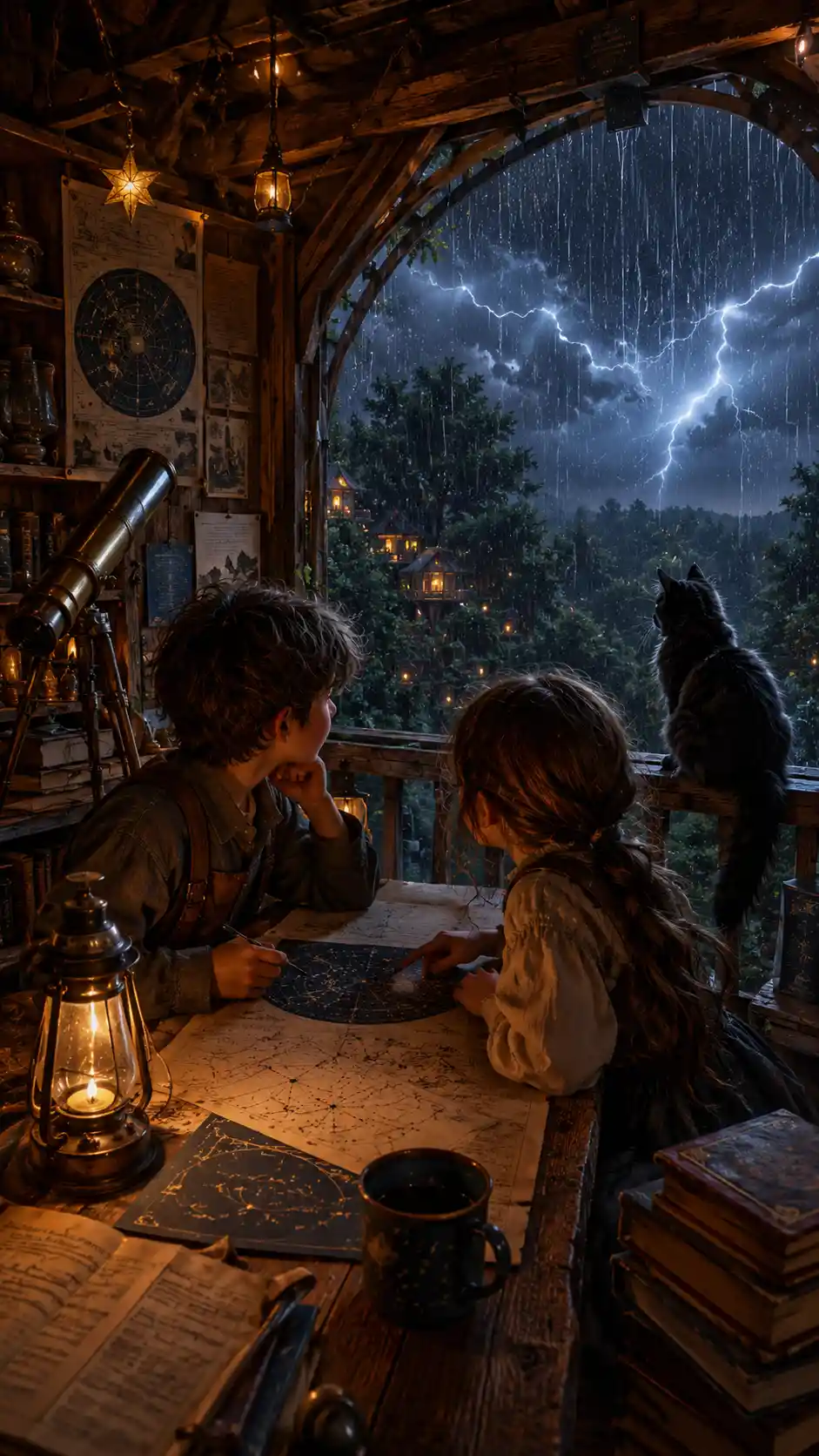 Siblings Studying Star Charts In A Cozy Treehouse