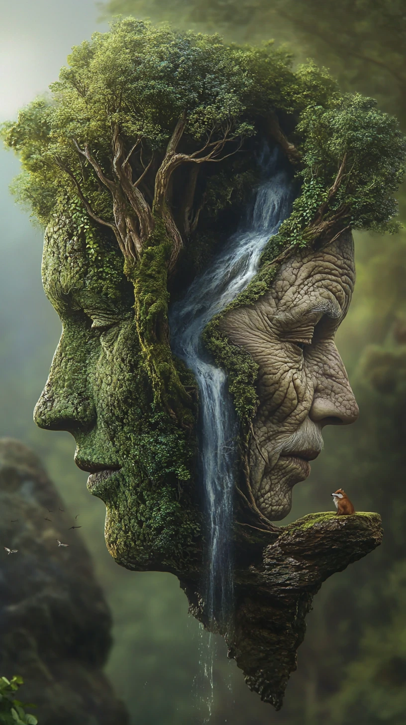 Enchanted forest forming two intertwined human profiles
