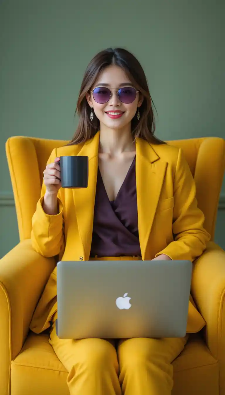 Japanese woman in mustard suit working on laptop