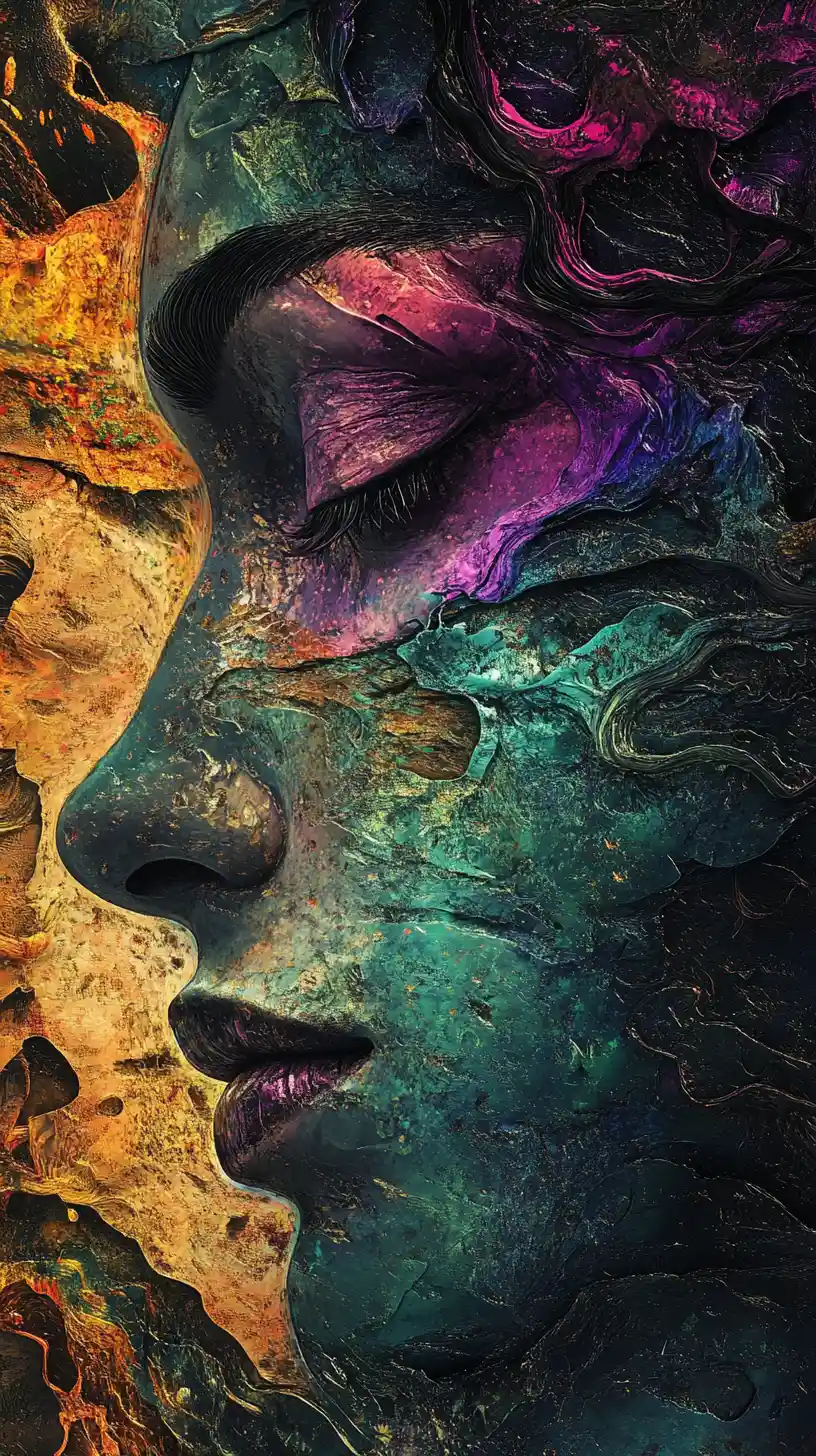 Abstract fragmented portrait in surreal jewel toned light
