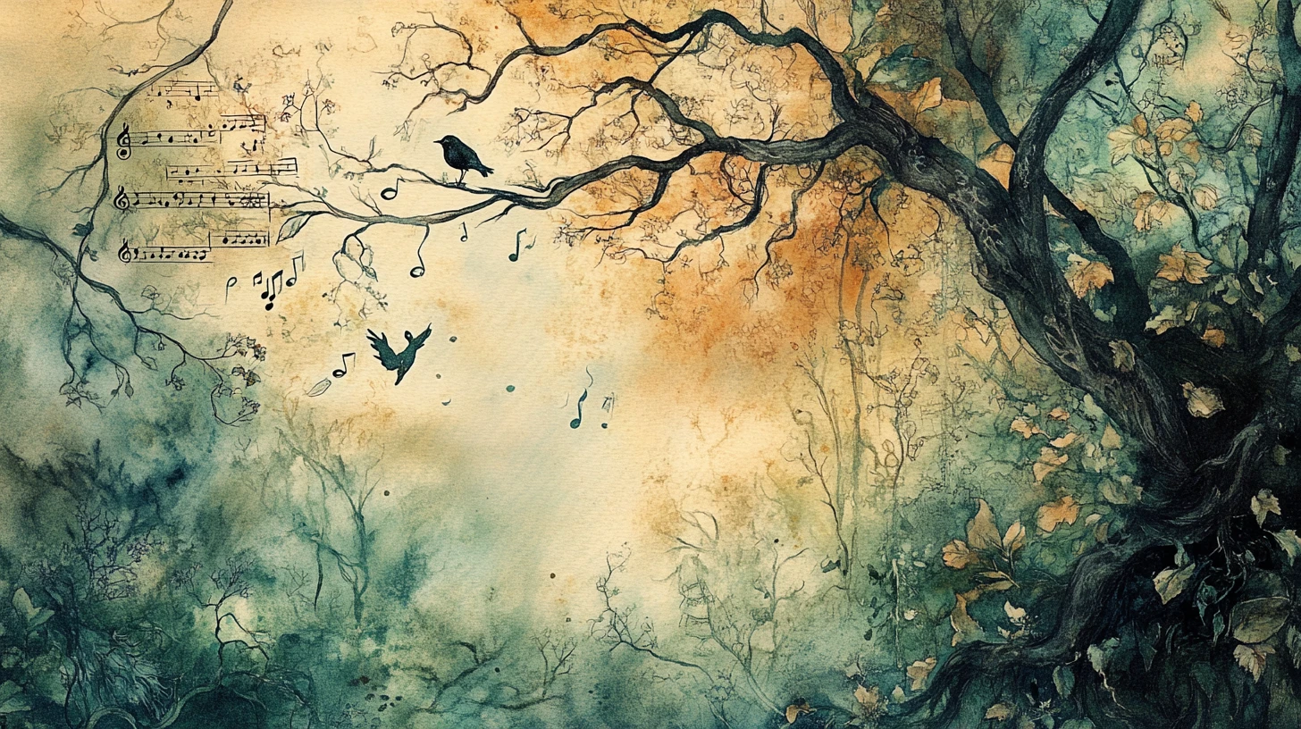 Enchanted forest branches shaped as flowing musical notation