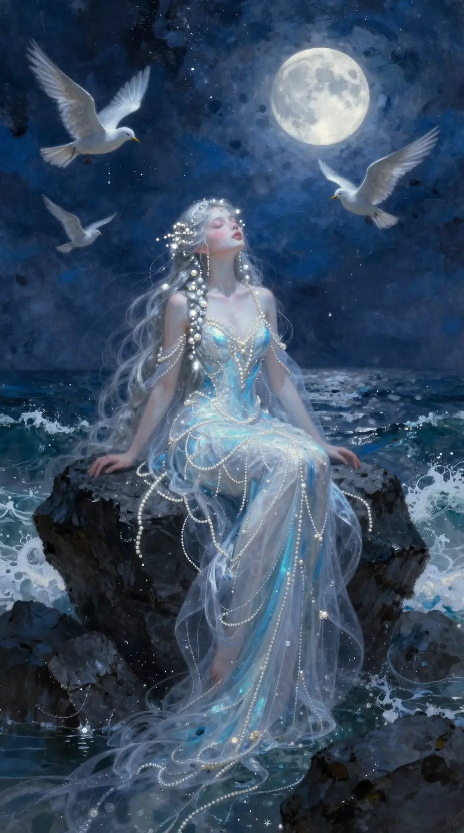 Mystical Siren Resting On Moonlit Seaside Rocks
