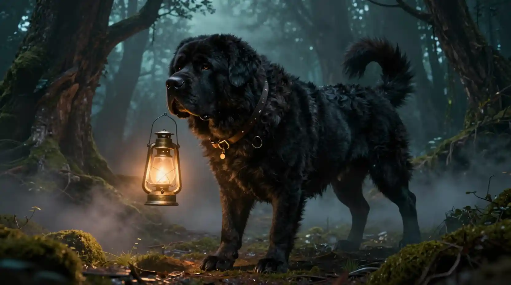 Majestic black mastiff with lantern in mystical night forest