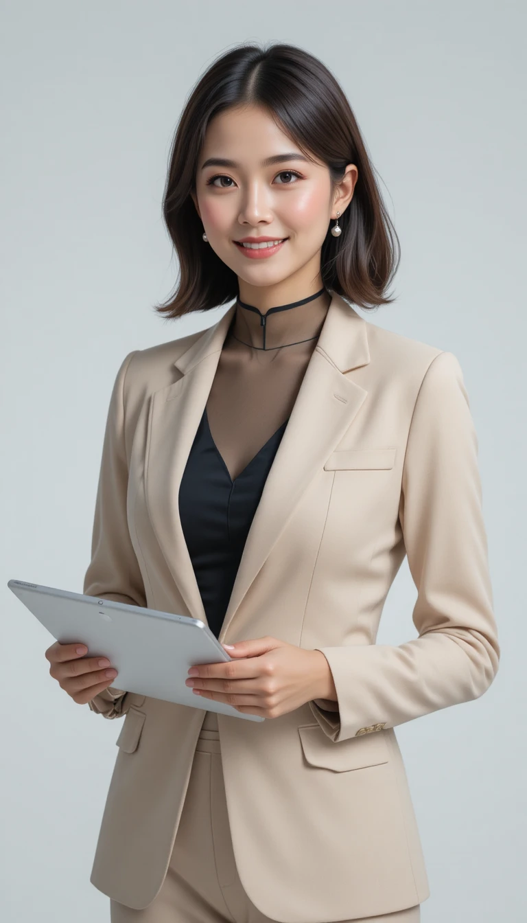 Confident Japanese businesswoman with tablet on white background