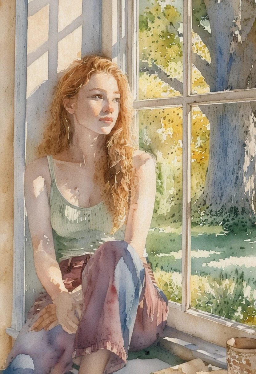 Mujer sentada en una ventana mirador mirando hacia el patio soleado