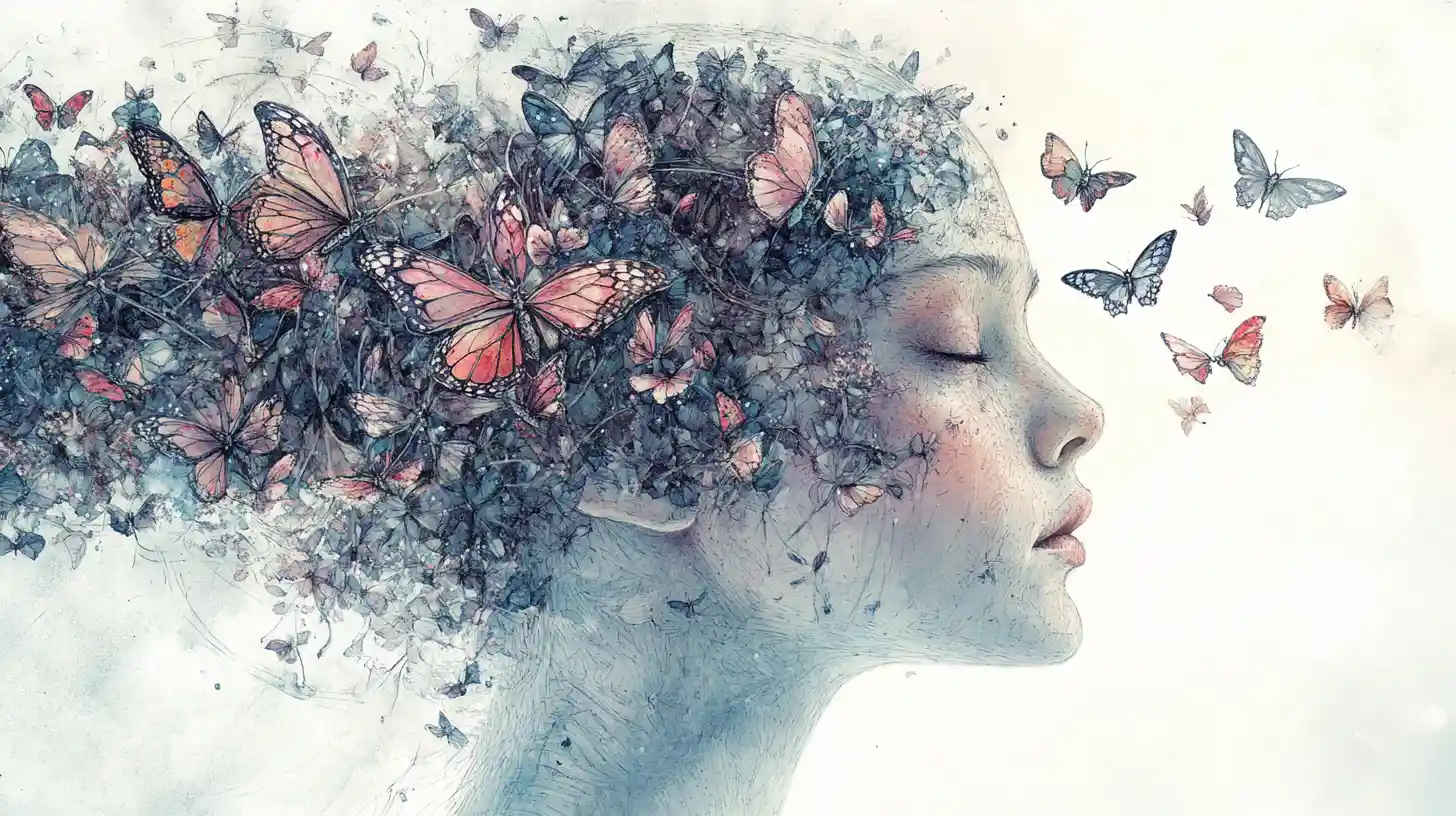 Dreamlike girl portrait with butterflies and porcelain skin