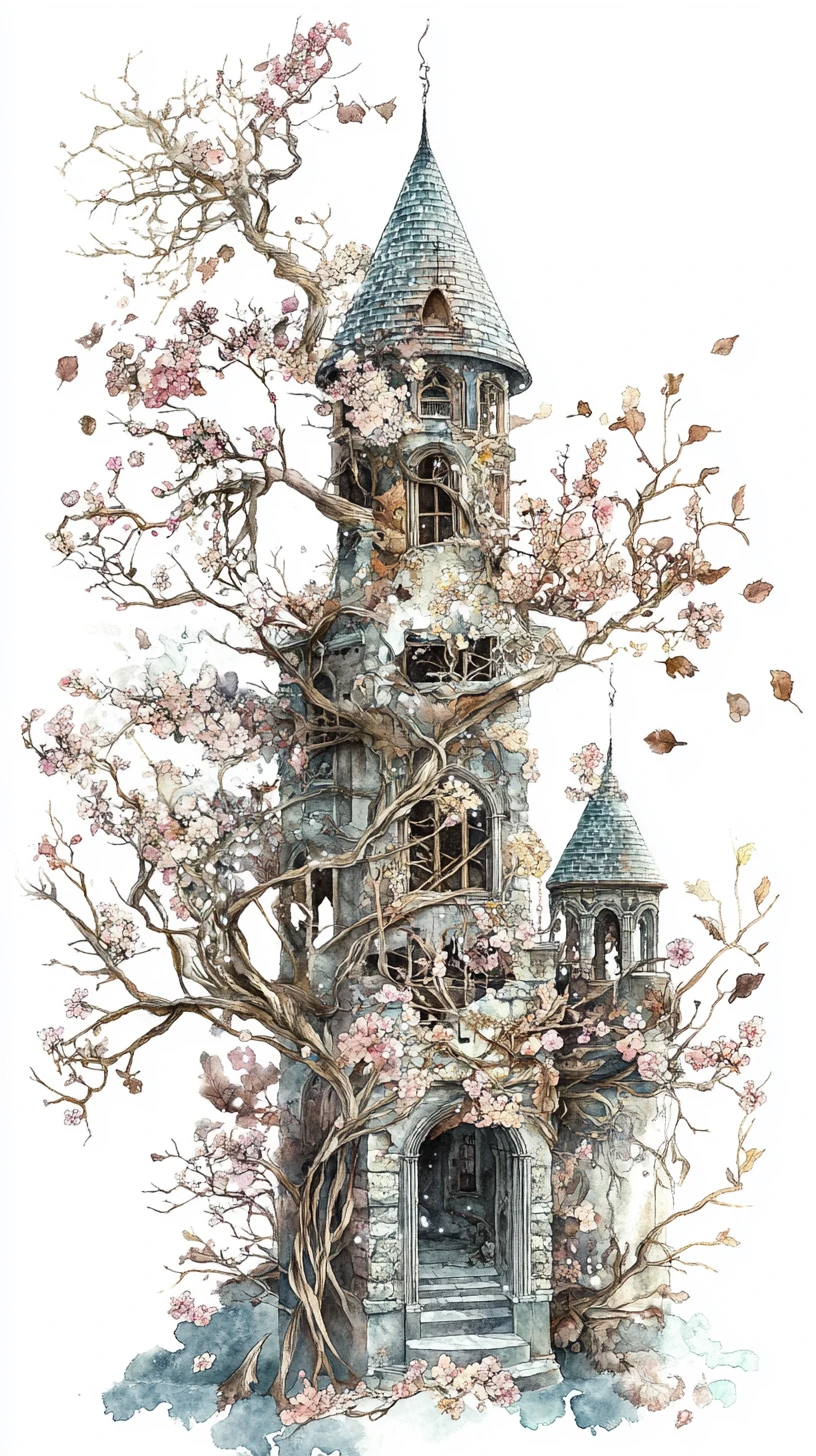 Seasonal fantasy towers in a dreamlike botanical sanctuary