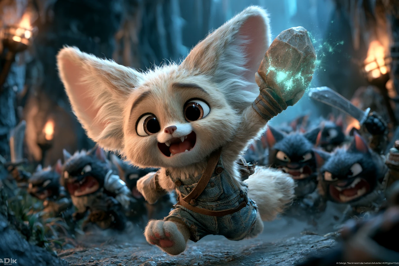 Cute fennec fox running through a dark torchlit cave