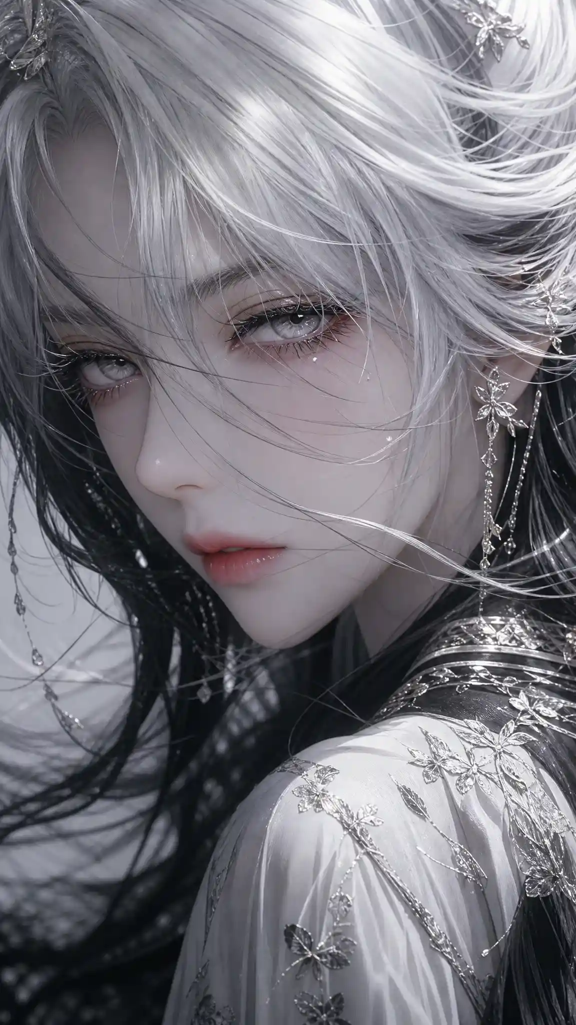 Anime woman with silver hair and melancholic gaze