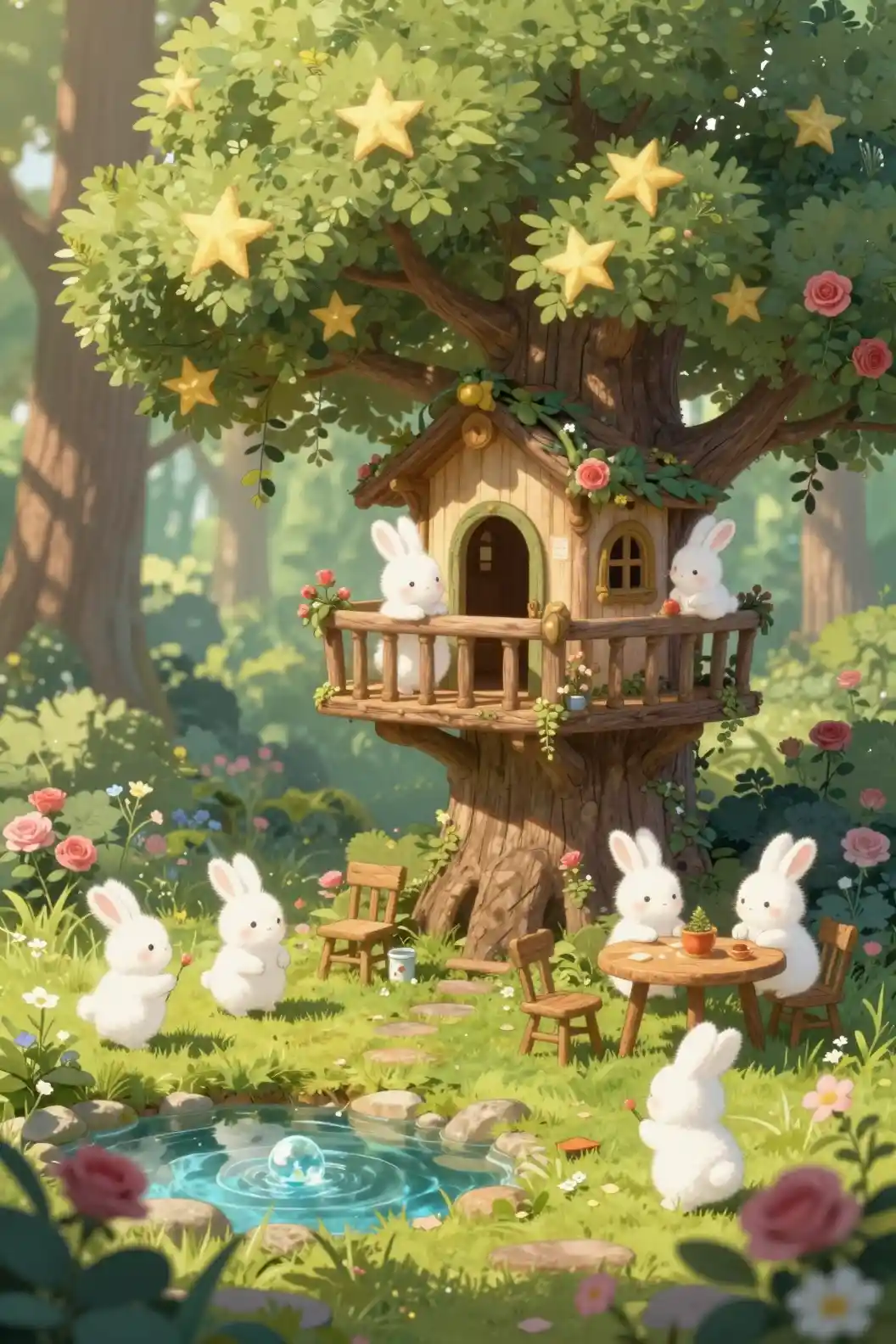 Whimsical Treehouse Forest With Playful Cartoon Rabbits