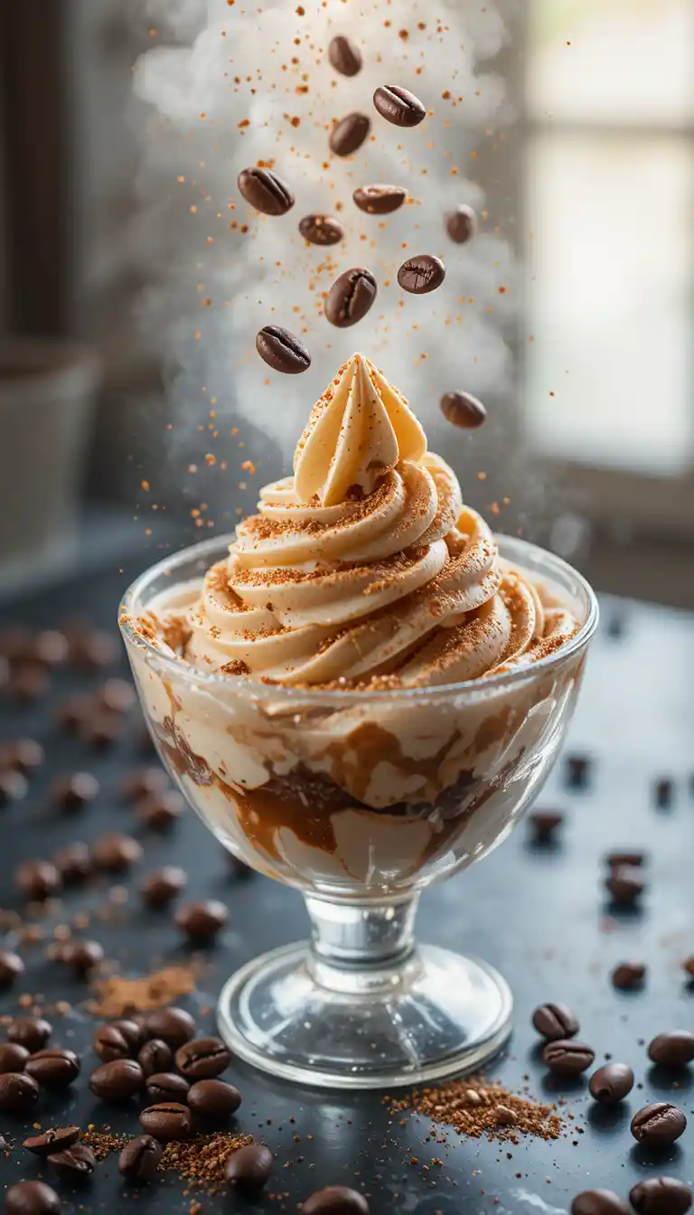 Coffee gelato in a glass bowl with floating coffee beans