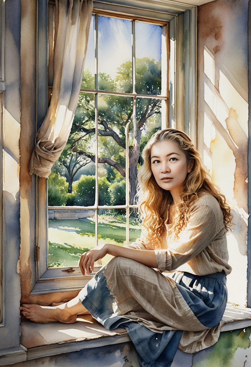 Woman On Bay Window Seat In Bright Morning Sunlight