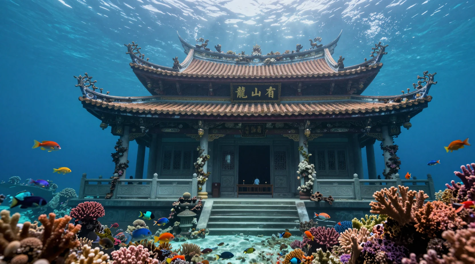 Underwater view of Longshan Temple in a coral reef