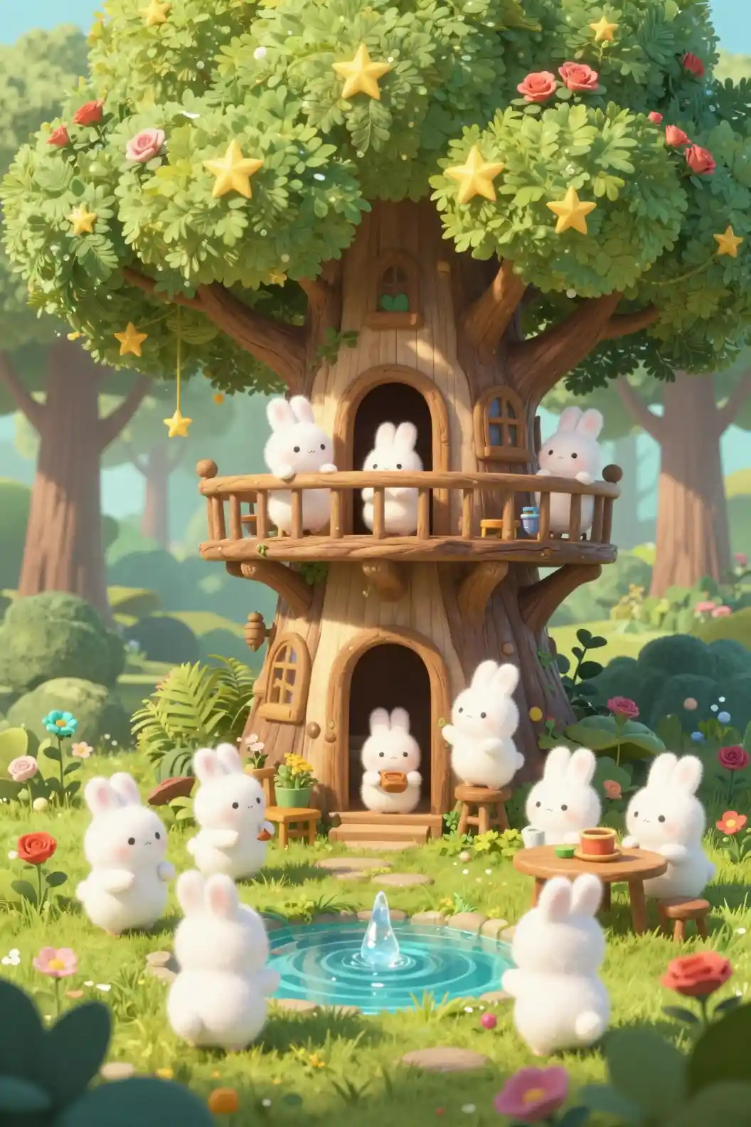 Whimsical 3D treehouse forest with playful chibi rabbits