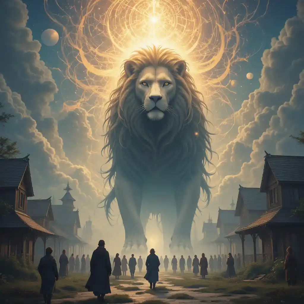 Majestic lion standing in the middle of a quiet village