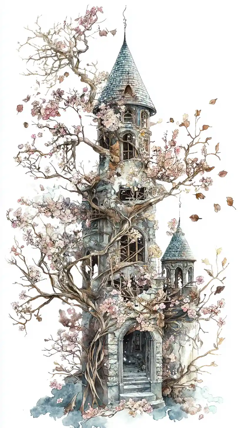 Seasonal fantasy towers in a dreamlike botanical sanctuary