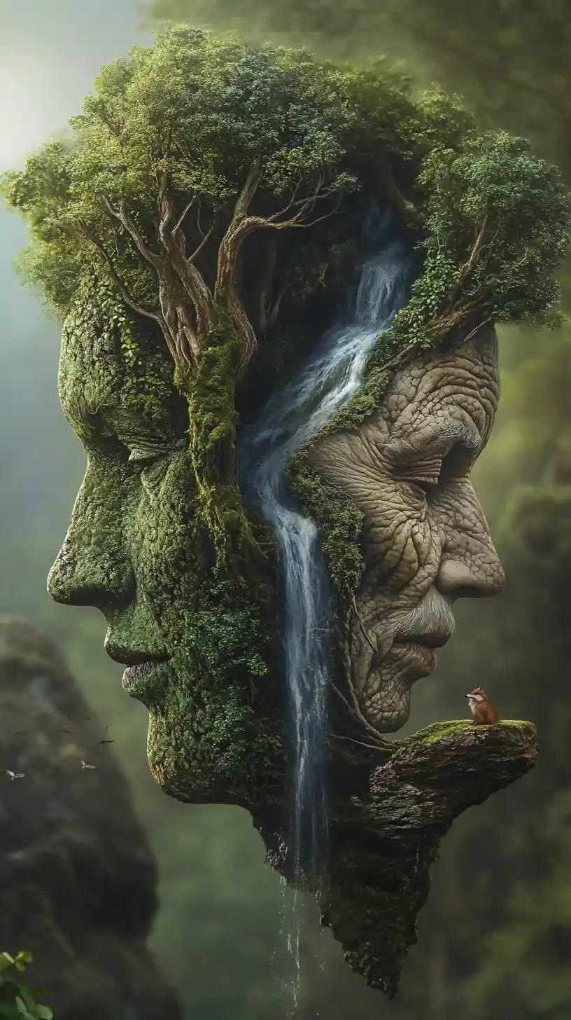 Enchanted forest forming two intertwined human profiles