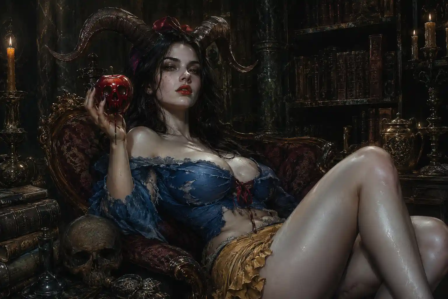 Horned demon woman lounging in a gothic library