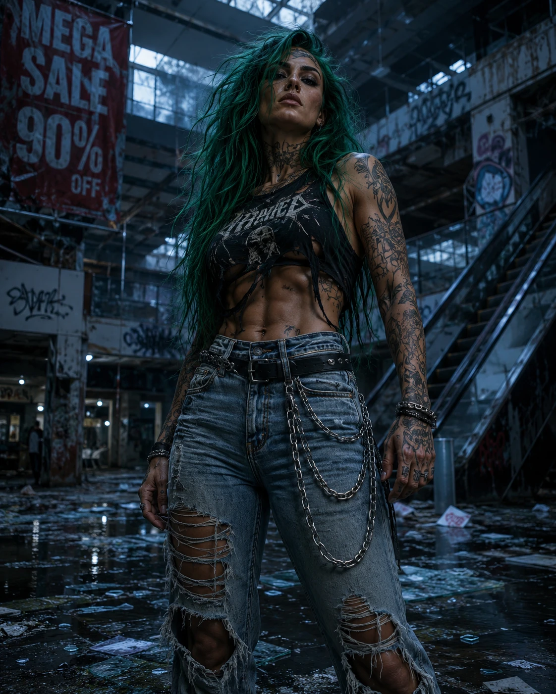 Tough green haired woman in a ruined graffiti mall